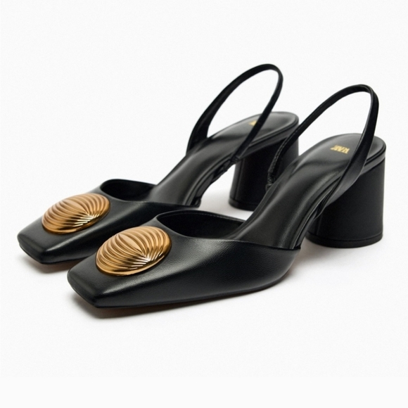 Zara Shoes - Black Leather Embellished Slingbacks Size 8